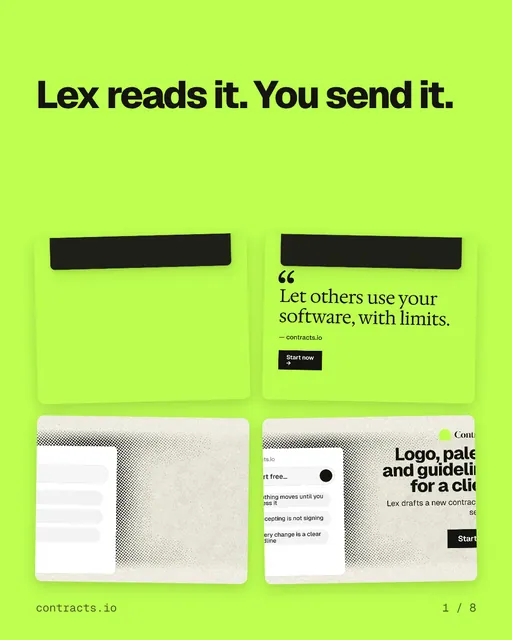 Carousel for contracts.io: "Lex reads it. You send it.". Collection carousel, 8 slides, light palette.