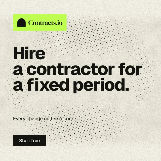 Instagram post for contracts.io: "Hire a contractor for a fixed period." Ink sticker style, announce layout, light palette in yellow, grey.
