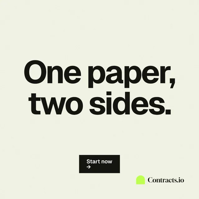 Instagram post for contracts.io: "One paper, two sides." Swiss style, centred layout, light palette in white, grey.