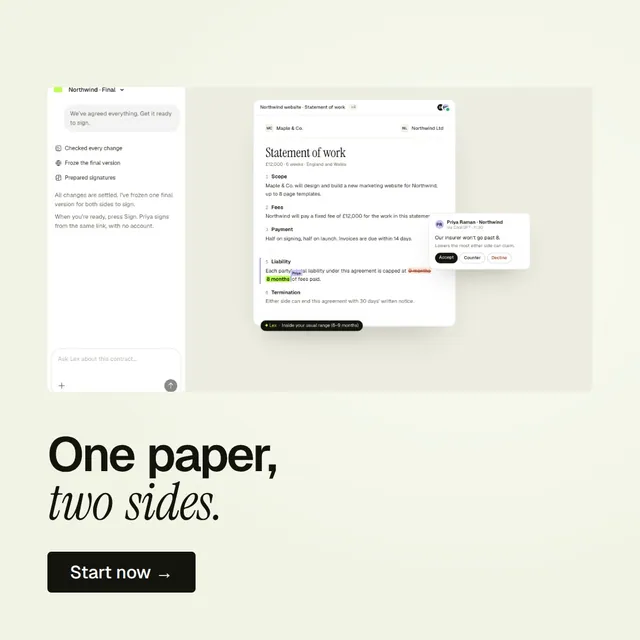 Video for contracts.io: "One paper, two sides.". Doc motion loop, 6.0 s, light palette.