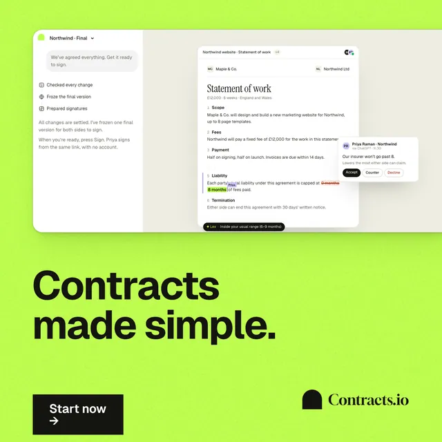 Instagram post for contracts.io: "Contracts made simple." Swiss style, bottom layout, light palette in green.