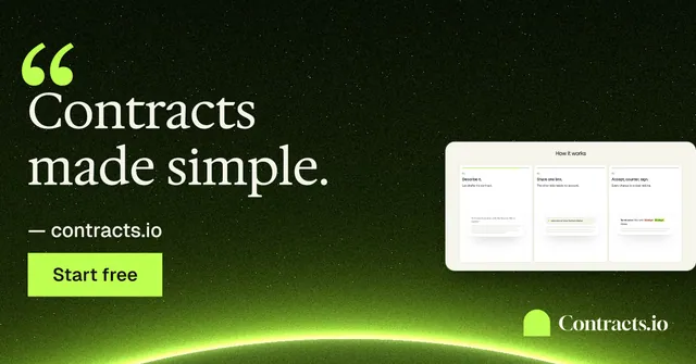 Social ad for contracts.io: "Contracts made simple." Swiss style, quote layout, dark palette in green, black.