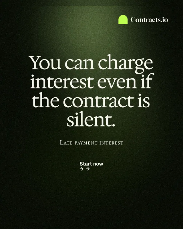 Instagram portrait post for contracts.io: "You can charge interest even if the contract is silent." Dark deco style, smallcaps layout, dark palette in black, grey.