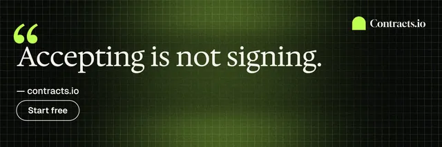 X header for contracts.io: "Accepting is not signing." Phosphor atlas style, quote layout, dark palette in green, black.