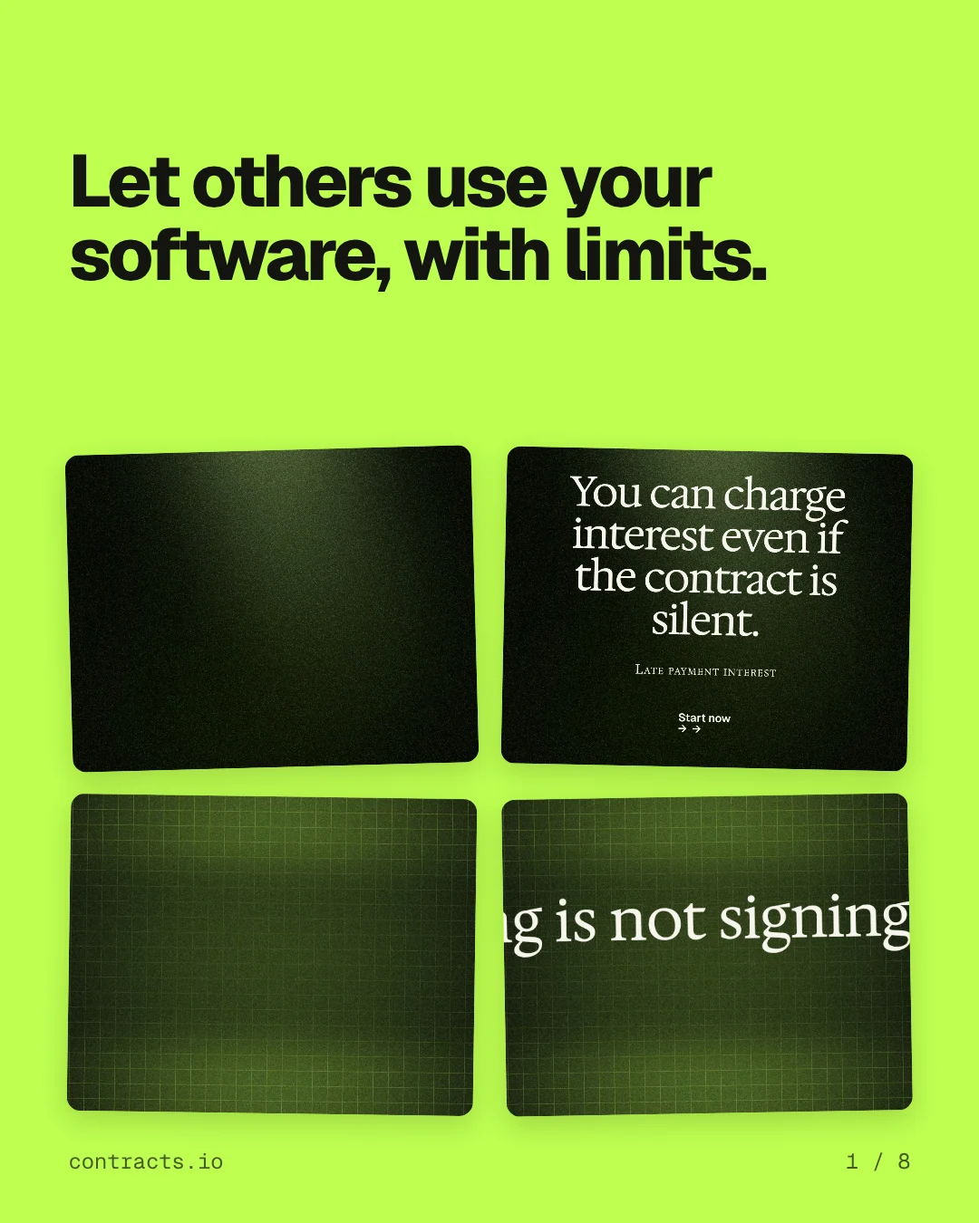Carousel for contracts.io: "Let others use your software, with limits.". Collection carousel, 8 slides, light palette.