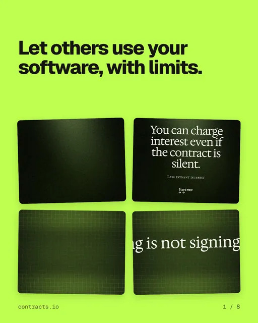 Carousel for contracts.io: "Let others use your software, with limits.". Collection carousel, 8 slides, light palette.