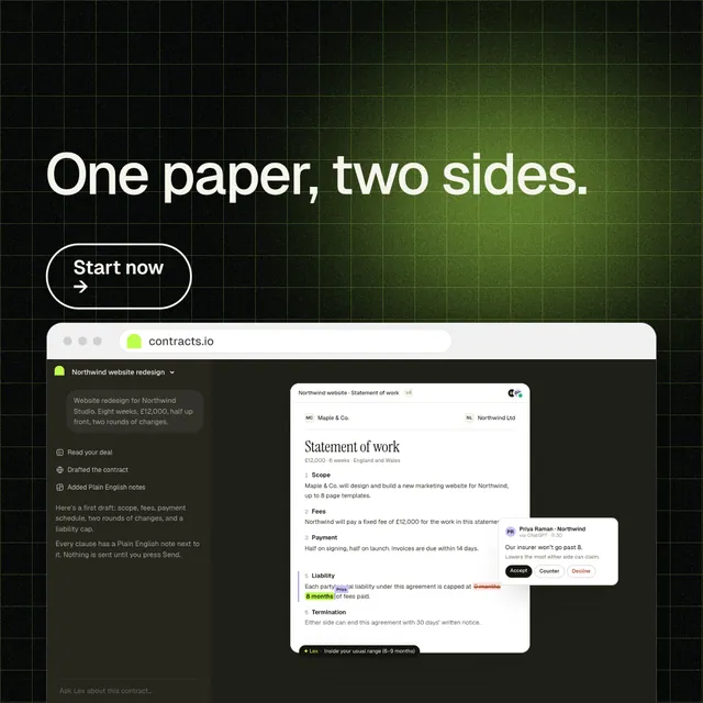 Instagram post for contracts.io: "One paper, two sides." Phosphor atlas style, browser layout, dark palette in black, green, white.