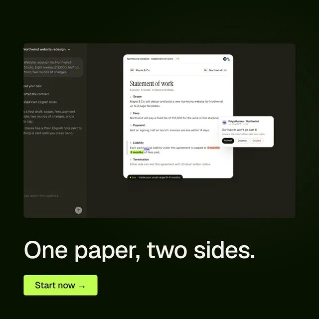 Video for contracts.io: "One paper, two sides.". Doc motion loop, 6.0 s, dark palette.