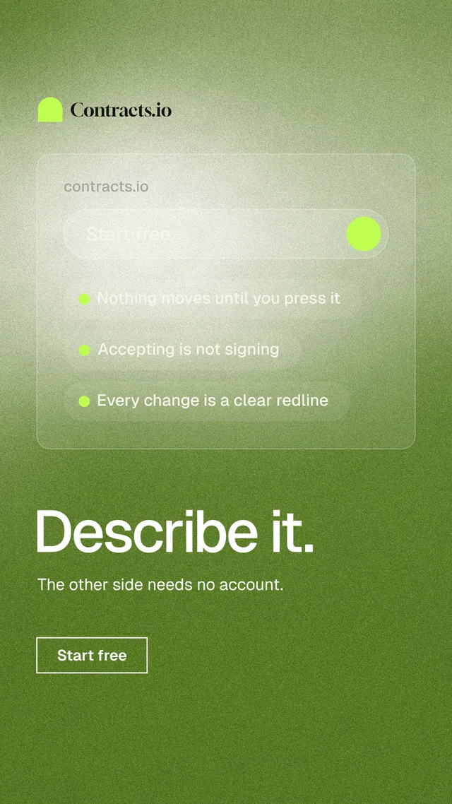 Instagram story for contracts.io: "Describe it." Cyanotype style, bottom layout, light palette in green.