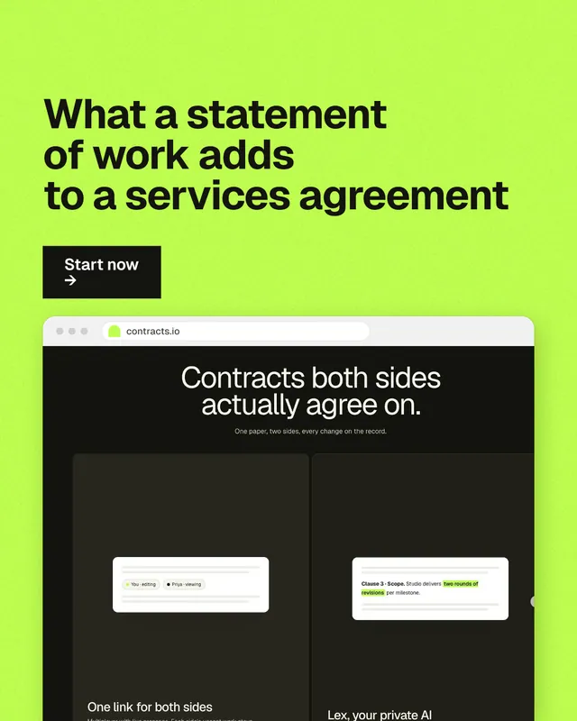 Instagram portrait post for contracts.io: "What a statement of work adds to a services agreement". Swiss style, browser layout, light palette in green, black.
