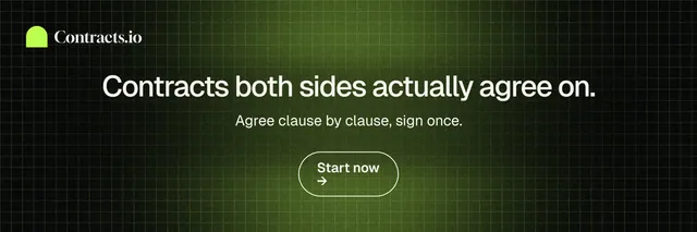 X header for contracts.io: "Contracts both sides actually agree on." Phosphor atlas style, centred layout, dark palette in green, black.
