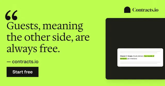 Social ad for contracts.io: "Guests, meaning the other side, are always free." Swiss style, quote layout, light palette in green, black.