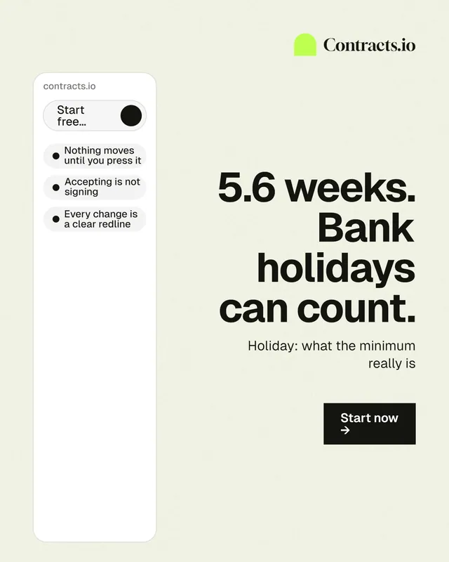 Instagram portrait post for contracts.io: "5.6 weeks. Bank holidays can count." Swiss style, right layout, light palette in white, grey.