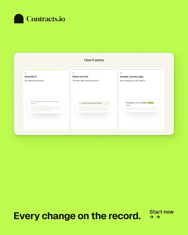 Instagram portrait post for contracts.io: "Every change on the record." Swiss style, image led layout, light palette in green, white.