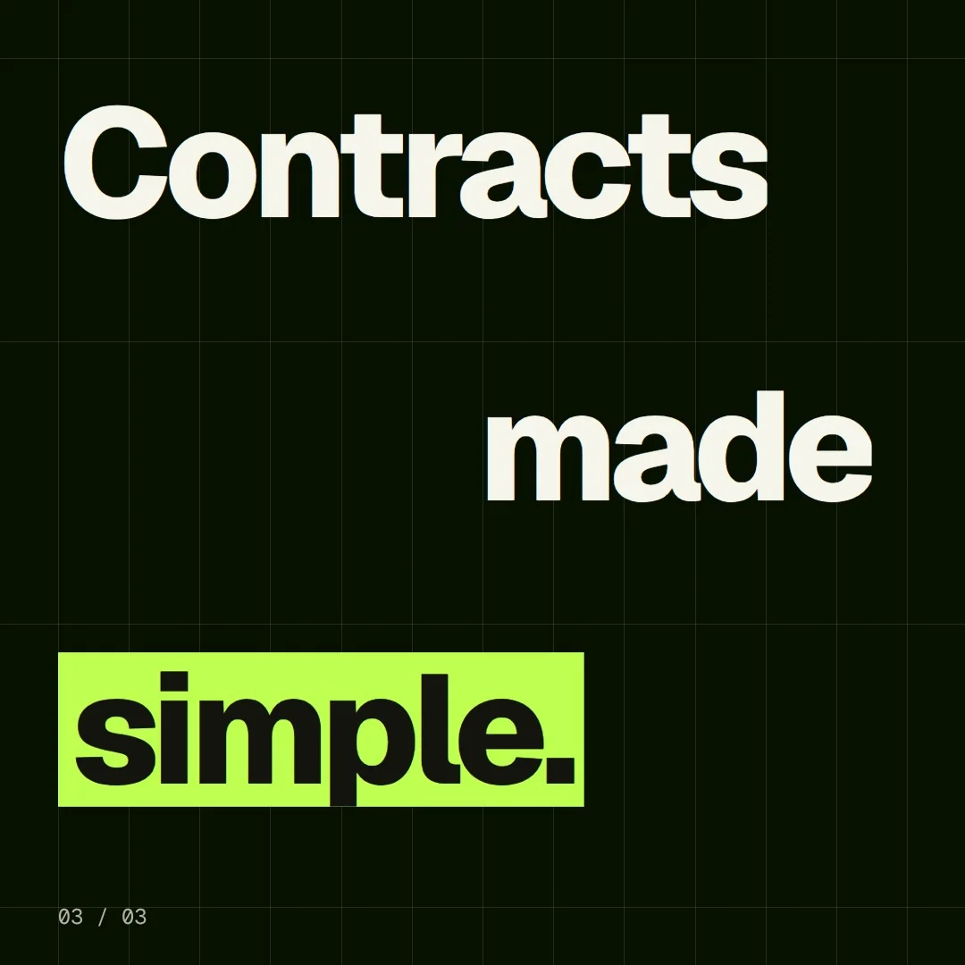 Video for contracts.io: "Contracts made simple.". Kinetic type grid, 6.0 s, dark palette.