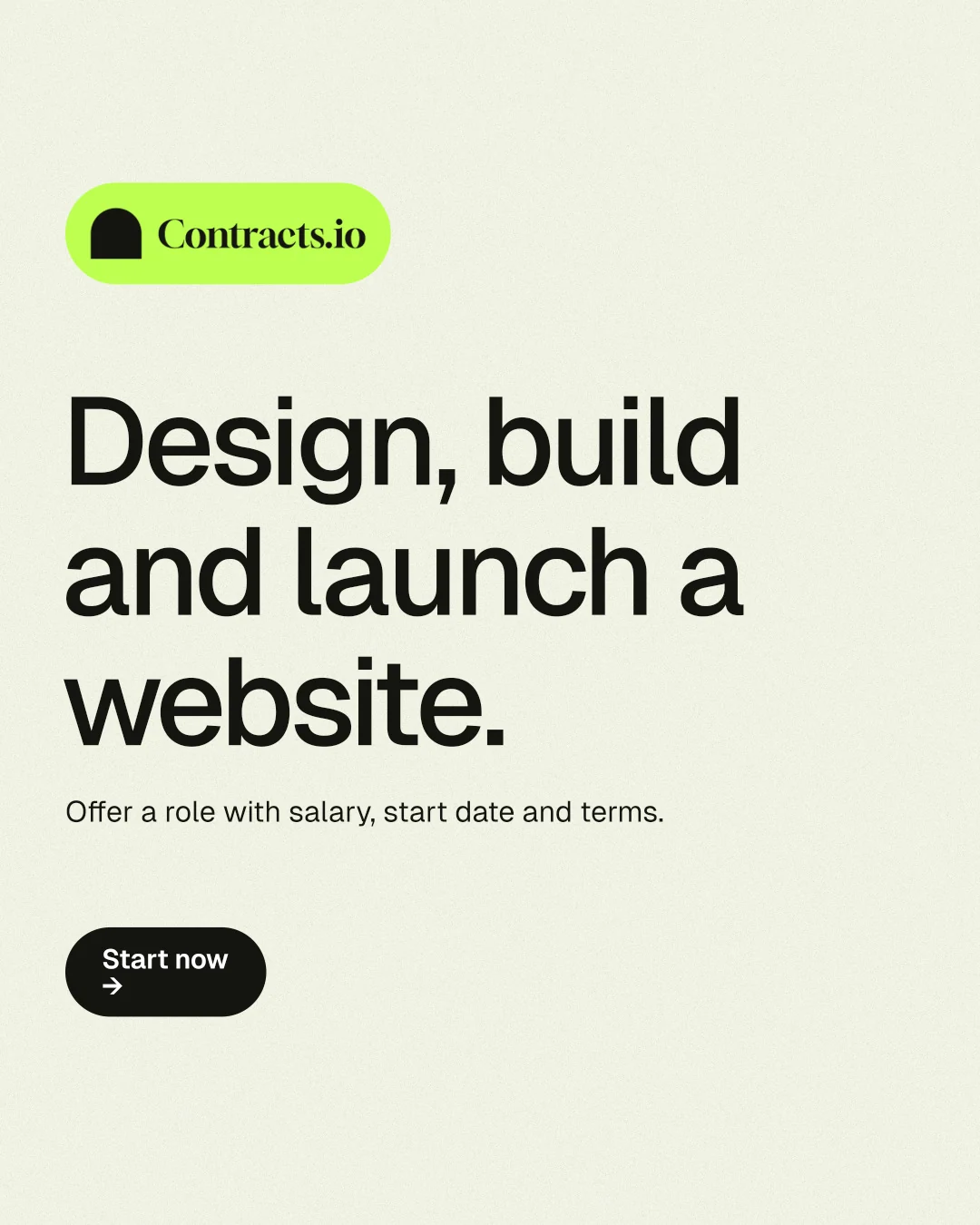 Instagram portrait post for contracts.io: "Design, build and launch a website." Data card style, announce layout, light palette in white, yellow, grey.