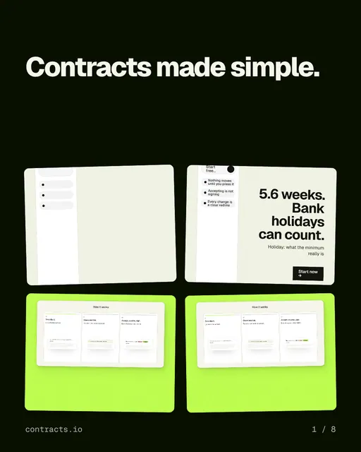 Carousel for contracts.io: "Contracts made simple.". Collection carousel, 8 slides, dark palette.