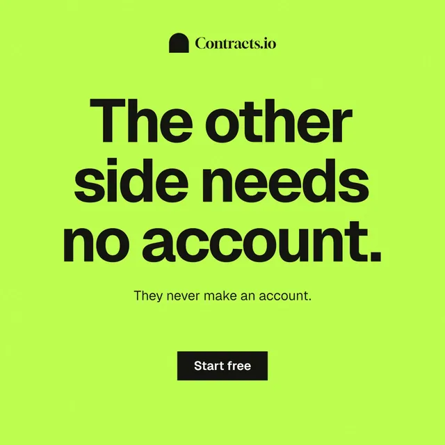 Instagram post for contracts.io: "The other side needs no account." Swiss style, centred layout, light palette in green.