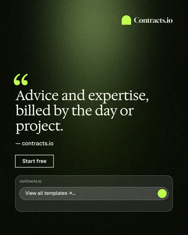 Instagram portrait post for contracts.io: "Advice and expertise, billed by the day or project." Dark deco style, quote layout, dark palette in black, green.