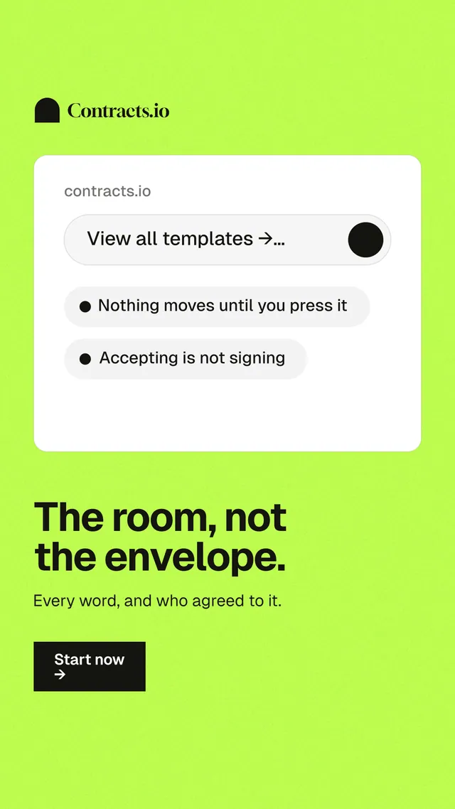 Instagram story for contracts.io: "The room, not the envelope." Swiss style, bottom layout, light palette in white, green.