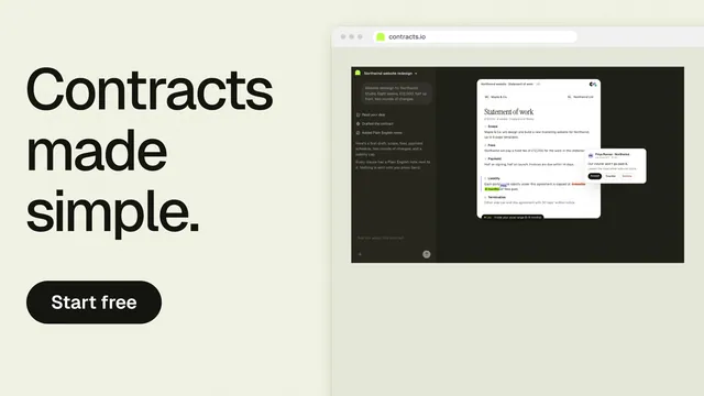 Landscape graphic for contracts.io: "Contracts made simple." Data card style, browser layout, light palette in green, white, black.