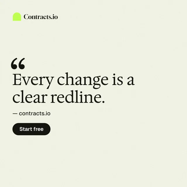Instagram post for contracts.io: "Every change is a clear redline." Data card style, quote layout, light palette in white, yellow.