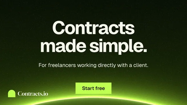 Landscape graphic for contracts.io: "Contracts made simple." Swiss style, centred layout, dark palette in black, green.