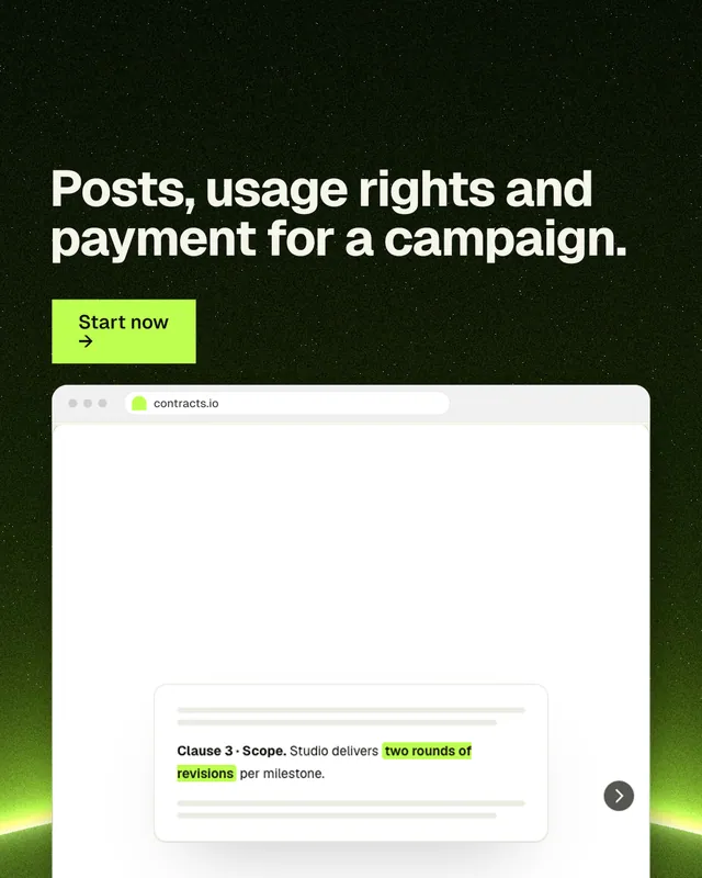 Instagram portrait post for contracts.io: "Posts, usage rights and payment for a campaign." Swiss style, browser layout, light palette in white, black, green.