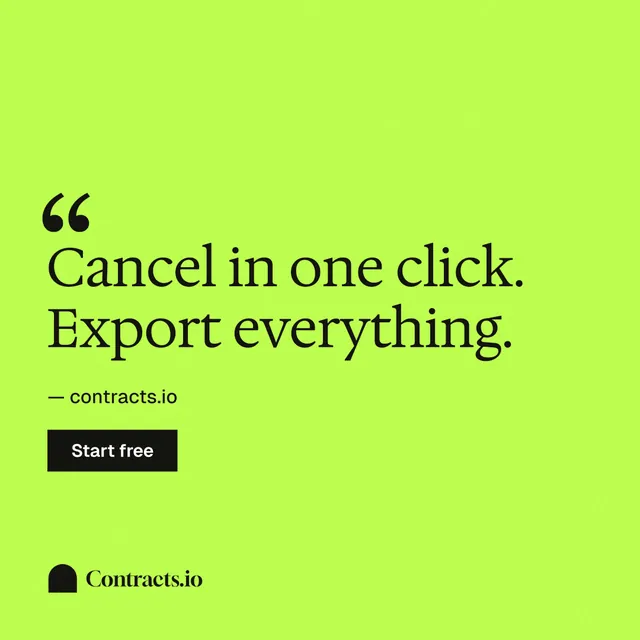 Instagram post for contracts.io: "Cancel in one click. Export everything." Swiss style, quote layout, light palette in green.