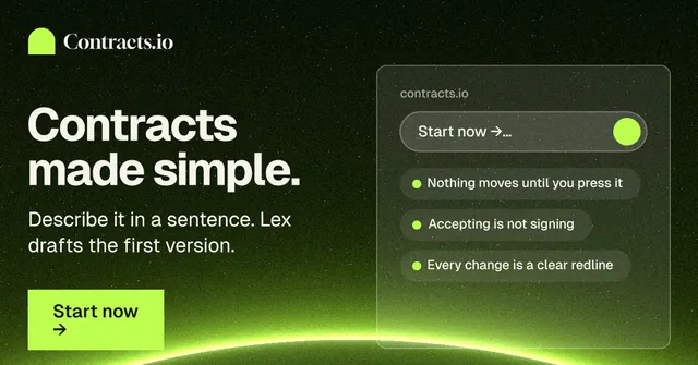 Social ad for contracts.io: "Contracts made simple." Swiss style, bottom layout, dark palette in black, green.