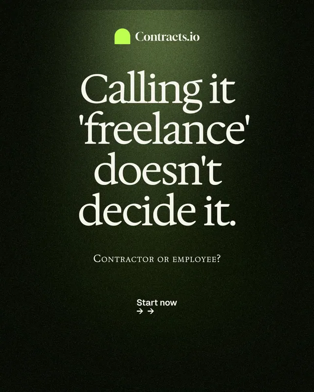 Instagram portrait post for contracts.io: "Calling it 'freelance' doesn't decide it." Dark deco style, smallcaps layout, dark palette in black, grey.