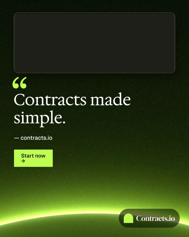 Instagram portrait post for contracts.io: "Contracts made simple." Swiss style, quote layout, dark palette in black, green.