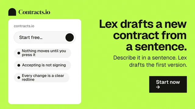 Landscape graphic for contracts.io: "Lex drafts a new contract from a sentence." Swiss style, right layout, light palette in green.