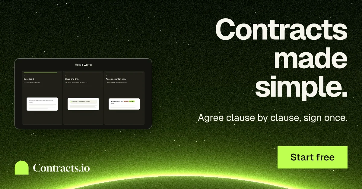 Social ad for contracts.io: "Contracts made simple." Swiss style, right layout, dark palette in green, black.