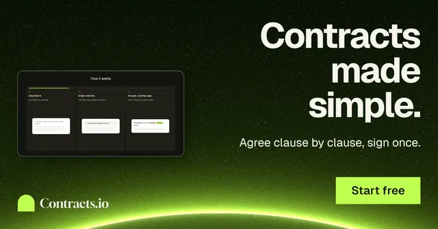 Social ad for contracts.io: "Contracts made simple." Swiss style, right layout, dark palette in green, black.