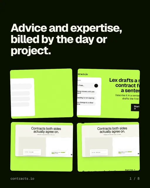 Carousel for contracts.io: "Advice and expertise, billed by the day or project.". Collection carousel, 8 slides, light palette.