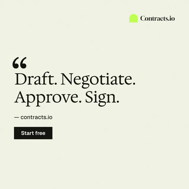 Instagram post for contracts.io: "Draft. Negotiate. Approve. Sign." Swiss style, quote layout, light palette in white, yellow.