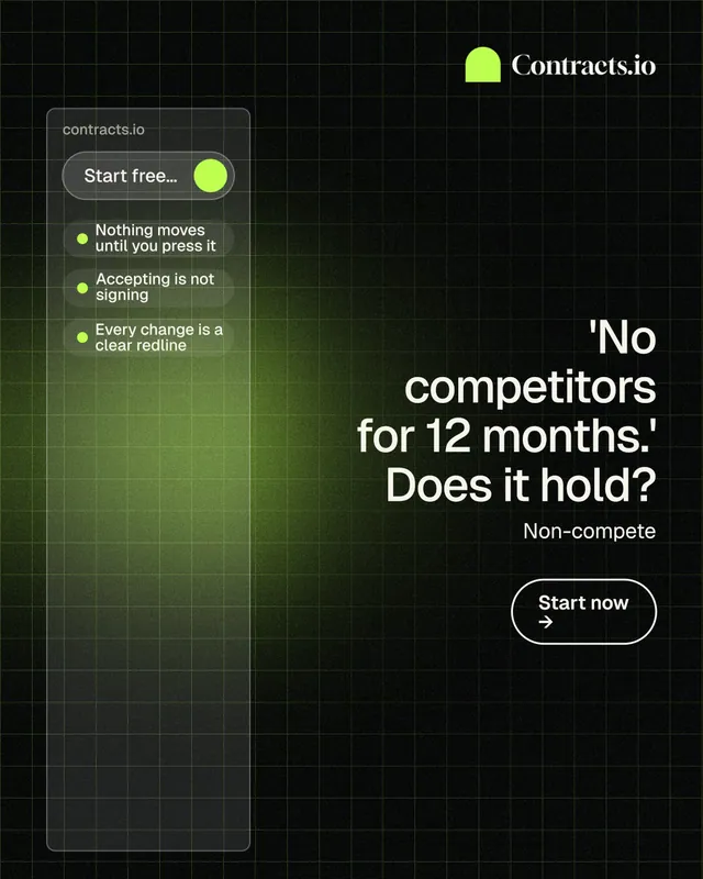 Instagram portrait post for contracts.io: "'No competitors for 12 months.' Does it hold?" Phosphor atlas style, right layout, dark palette in black, green.