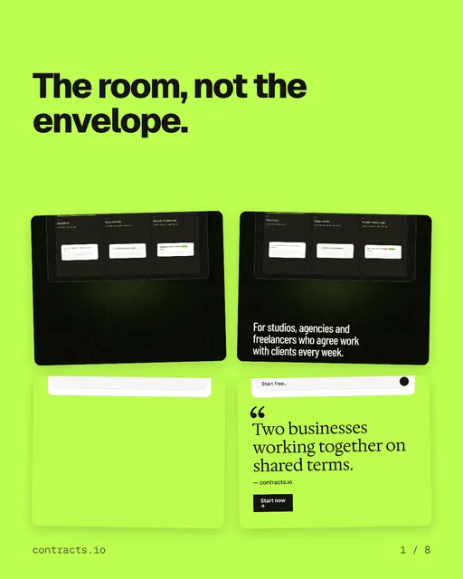 Carousel for contracts.io: "The room, not the envelope.". Collection carousel, 8 slides, light palette.