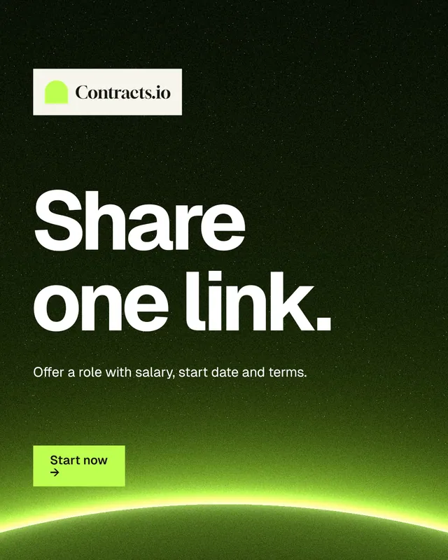 Instagram portrait post for contracts.io: "Share one link." Swiss style, announce layout, dark palette in green, black.