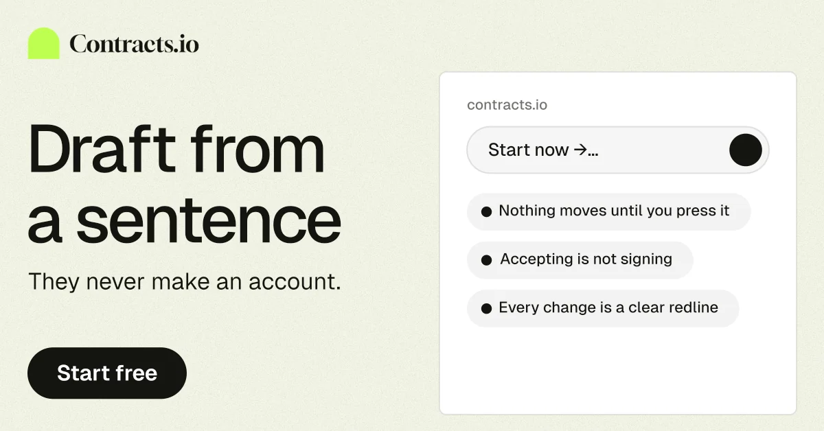 Social ad for contracts.io: "Draft from a sentence". Data card style, bottom layout, light palette in yellow, white, grey.