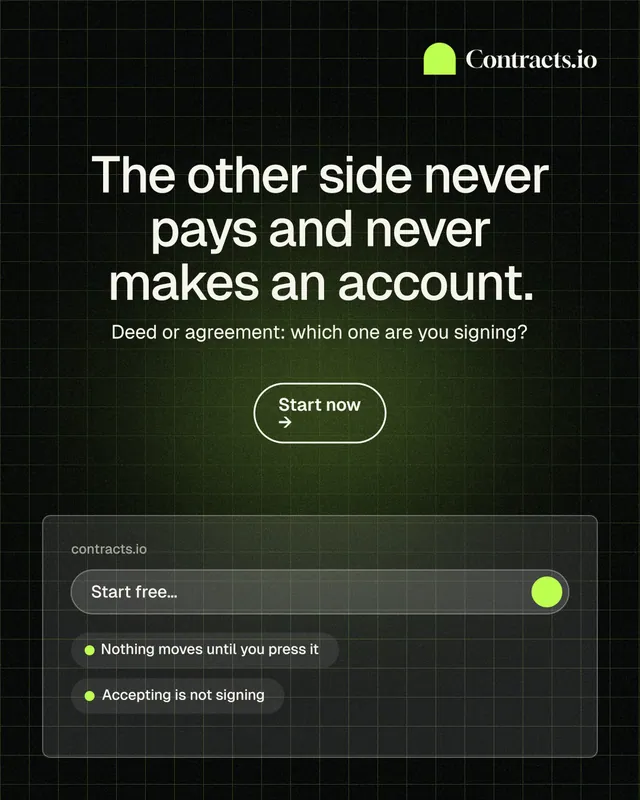 Instagram portrait post for contracts.io: "The other side never pays and never makes an account." Phosphor atlas style, centred layout, dark palette in black, grey.