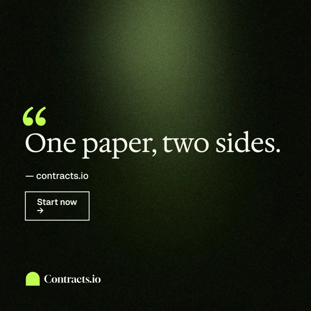 Instagram post for contracts.io: "One paper, two sides." Dark deco style, quote layout, dark palette in black, green.