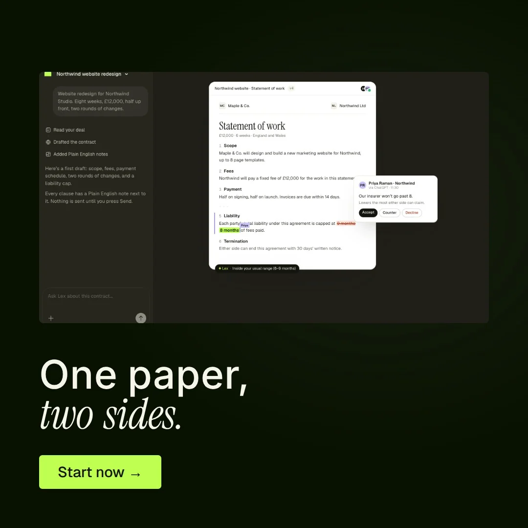 Video for contracts.io: "One paper, two sides.". Doc motion loop, 6.0 s, dark palette.