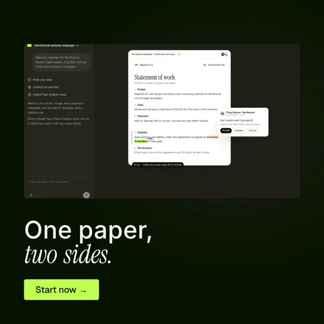 Video for contracts.io: "One paper, two sides.". Doc motion loop, 6.0 s, dark palette.