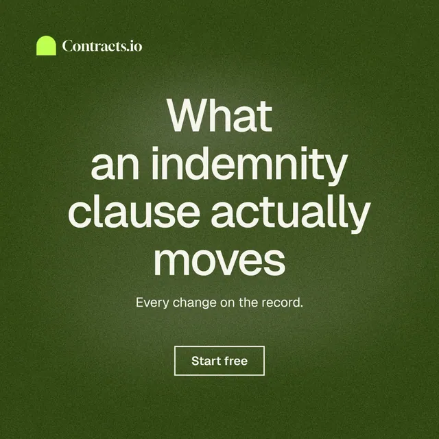 Instagram post for contracts.io: "What an indemnity clause actually moves". Cyanotype style, centred layout, dark palette in green.