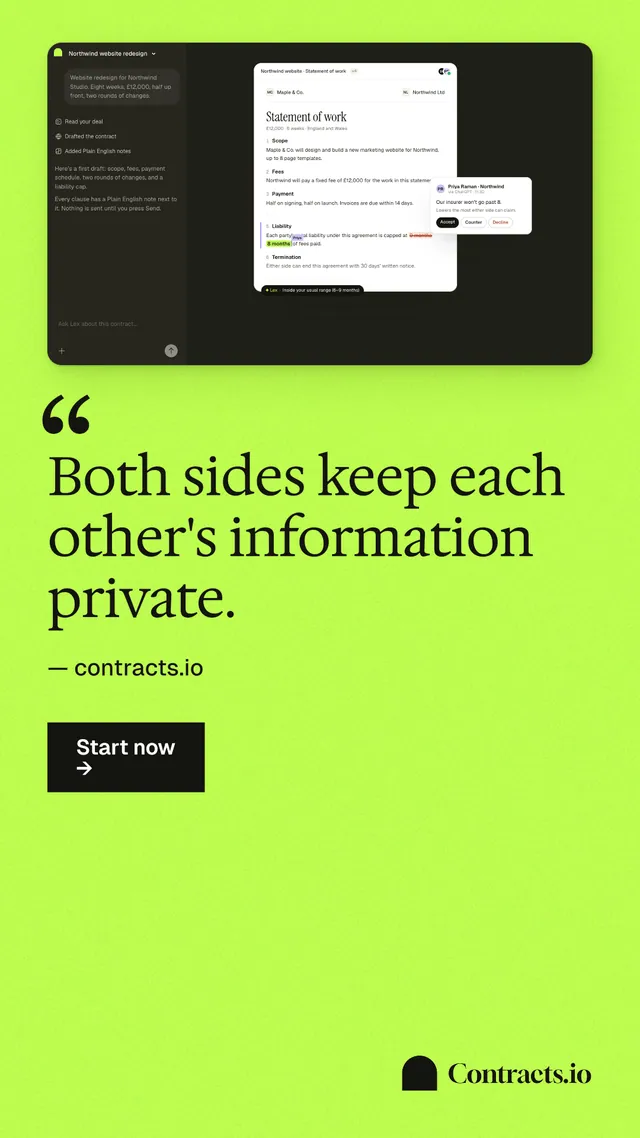 Instagram story for contracts.io: "Both sides keep each other's information private." Swiss style, quote layout, light palette in green.