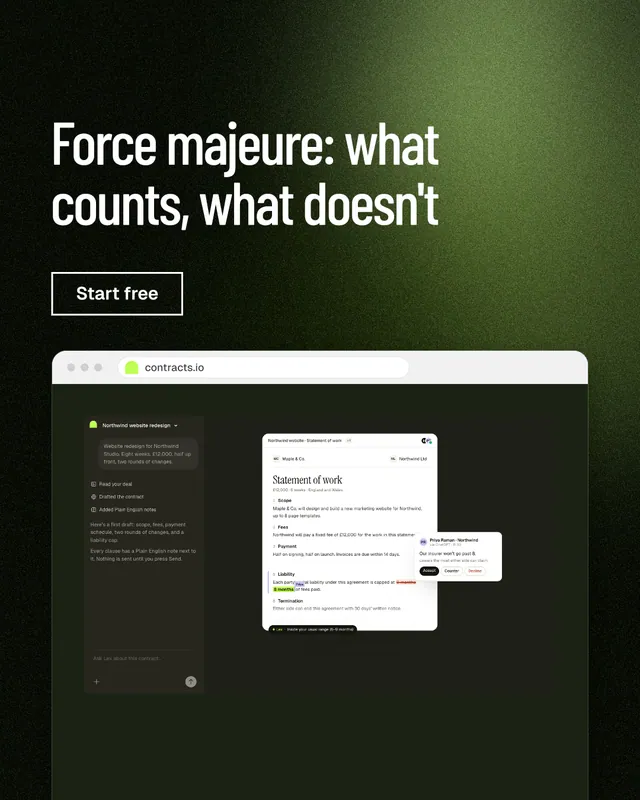 Instagram portrait post for contracts.io: "Force majeure: what counts, what doesn't". Dark deco style, browser layout, dark palette in black, green, grey.