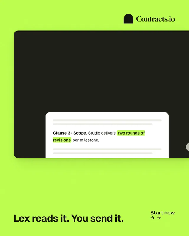 Instagram portrait post for contracts.io: "Lex reads it. You send it." Swiss style, image led layout, light palette in green, black.
