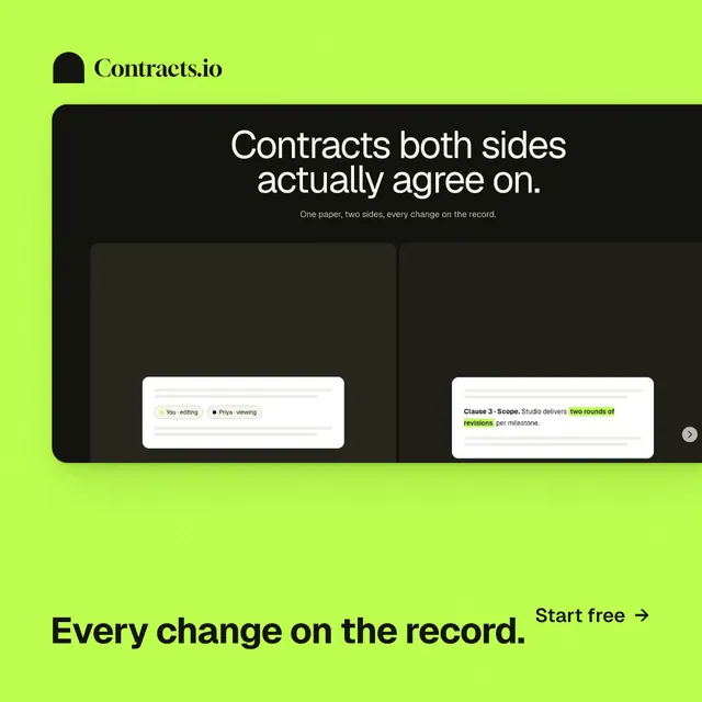 Instagram post for contracts.io: "Every change on the record." Swiss style, image led layout, light palette in green, black.